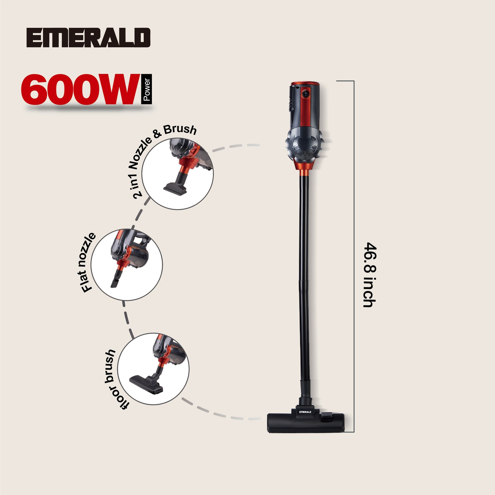Emerald 600W Vacuum Cleaner, 16-18KPa Suction Power, 70dB, 1.5L Dust Cup