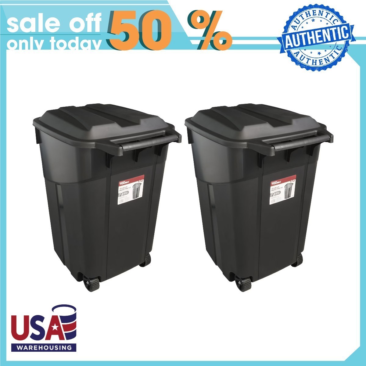 (2 pack) Hyper Tough 45 Gallon Wheeled Heavy Duty Plastic Garbage Can, Black