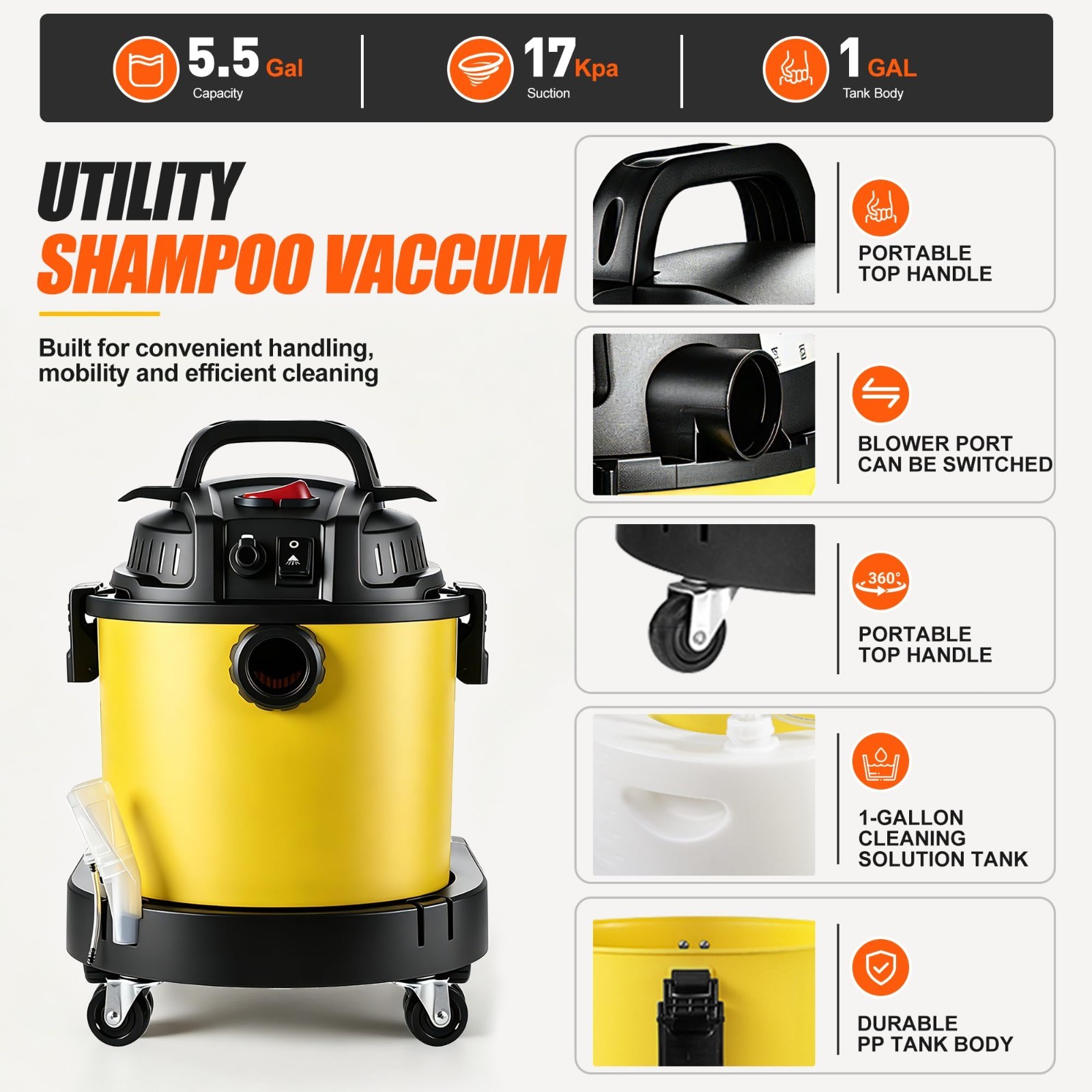 Vacmaster 6 Gallon 5.5HP Wet Dry Car Vacuum Cleaner Upholstery Shampoo 5-IN-1
