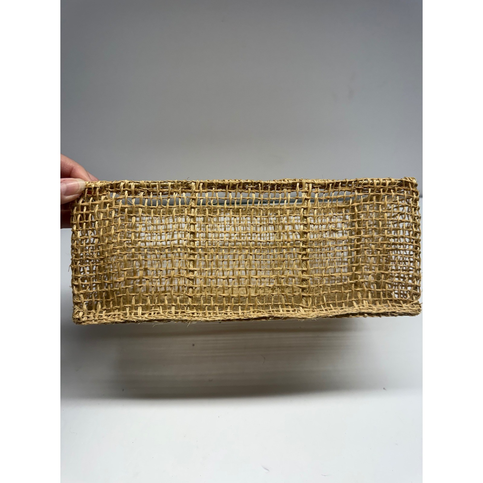 Natural Woven Seagrass Rectangular Storage Basket Open Weave Wire Frame Brown