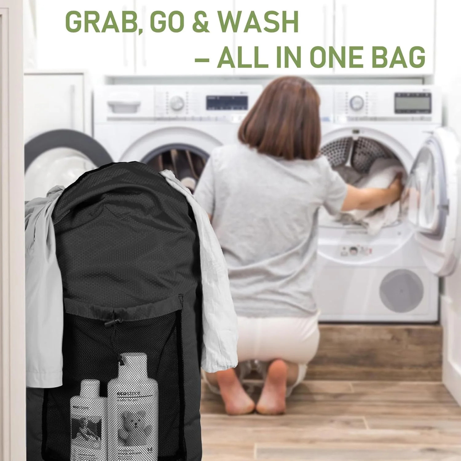 Large Laundry Bag Backpack Shoulder Straps Mesh Pocket Travel College Dorm Black