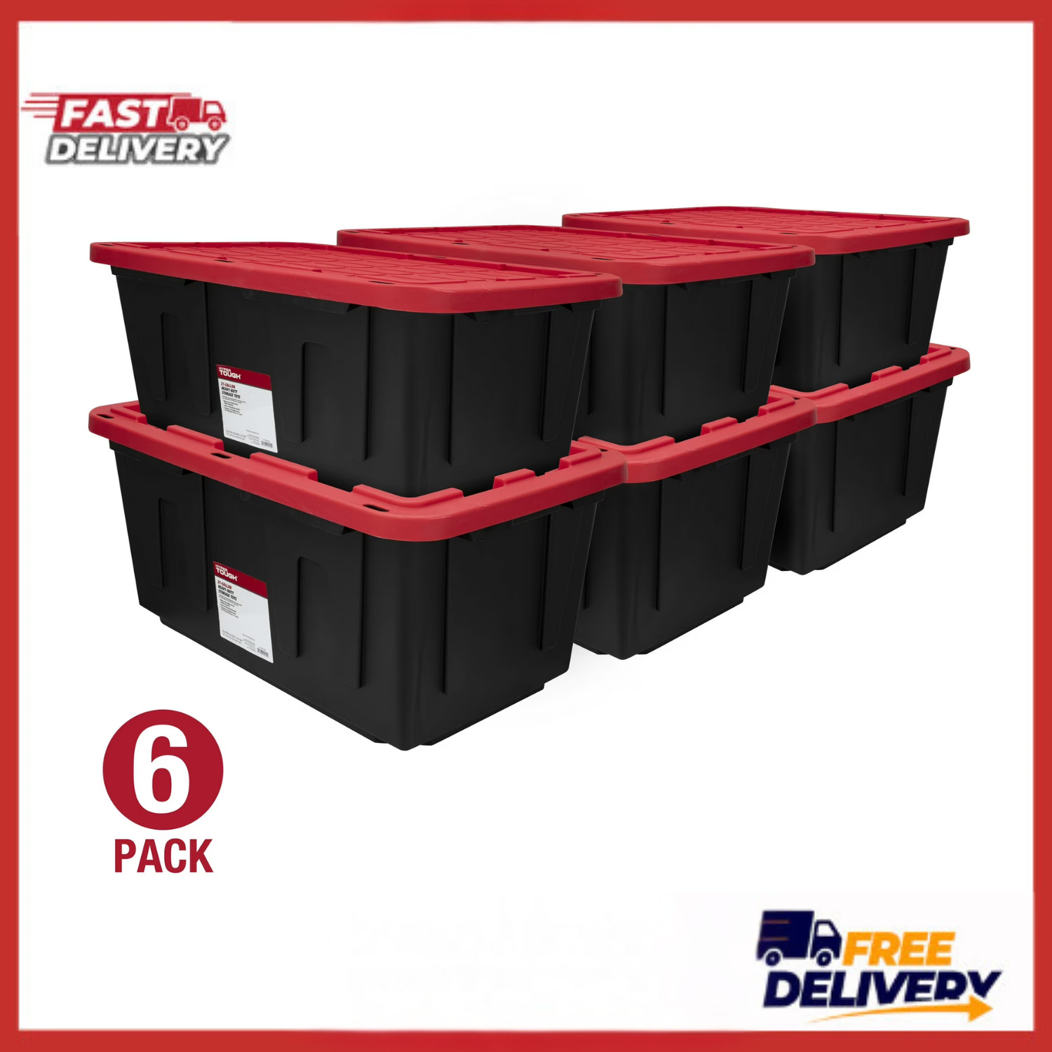 6 Pack Hyper Tough 27 Gallon Snap Lid Storage Bin Black Red Lid Heavy Duty