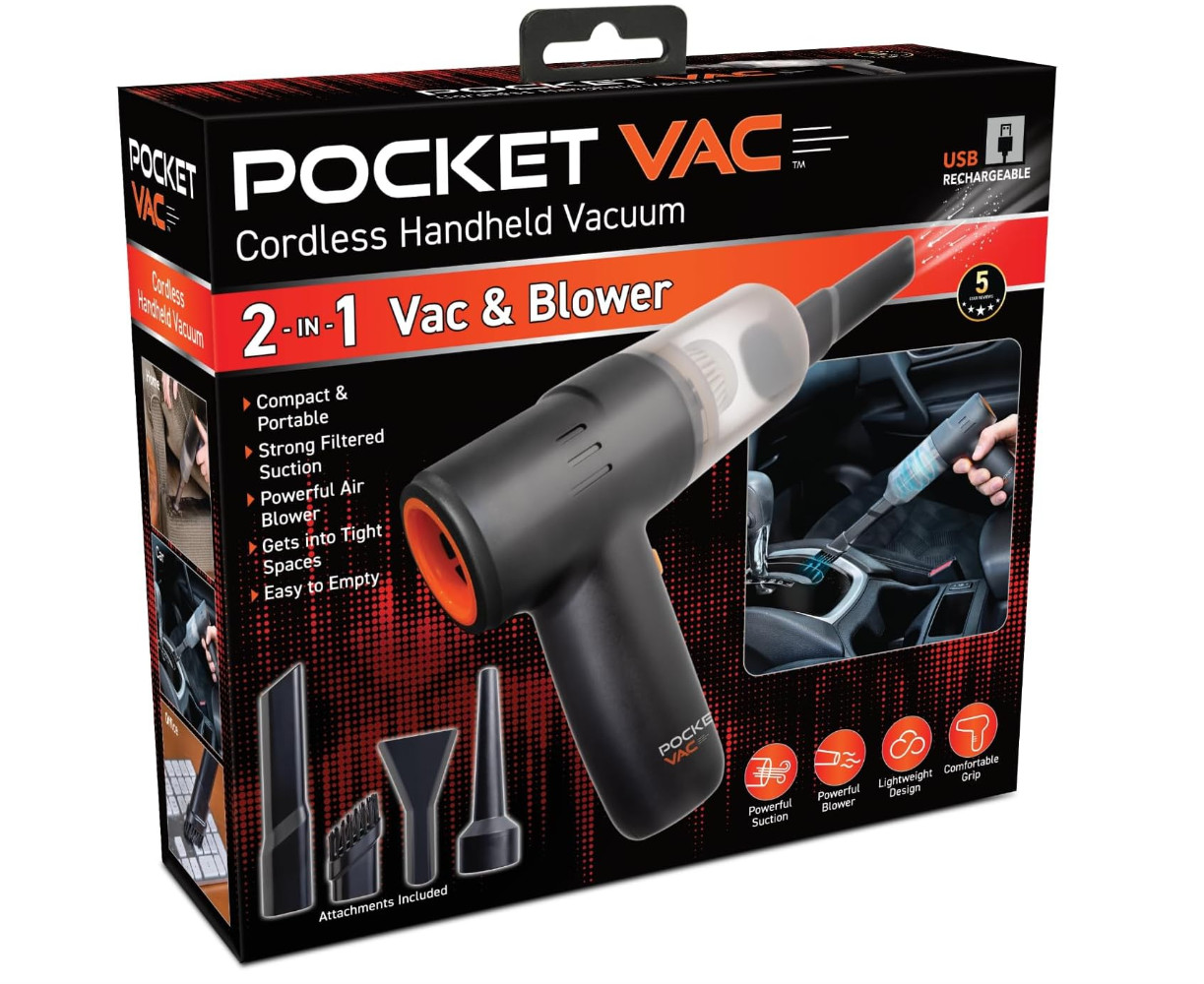 POCKET VAC Cordless Handheld Vacuum/Blower w/Attachments USB RECHARGEABLE