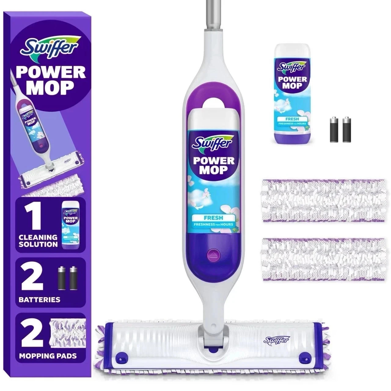 Swiffer Power Mop Kit with Refill, Unscented, 1 Handle + 1 solution & 2 Pads