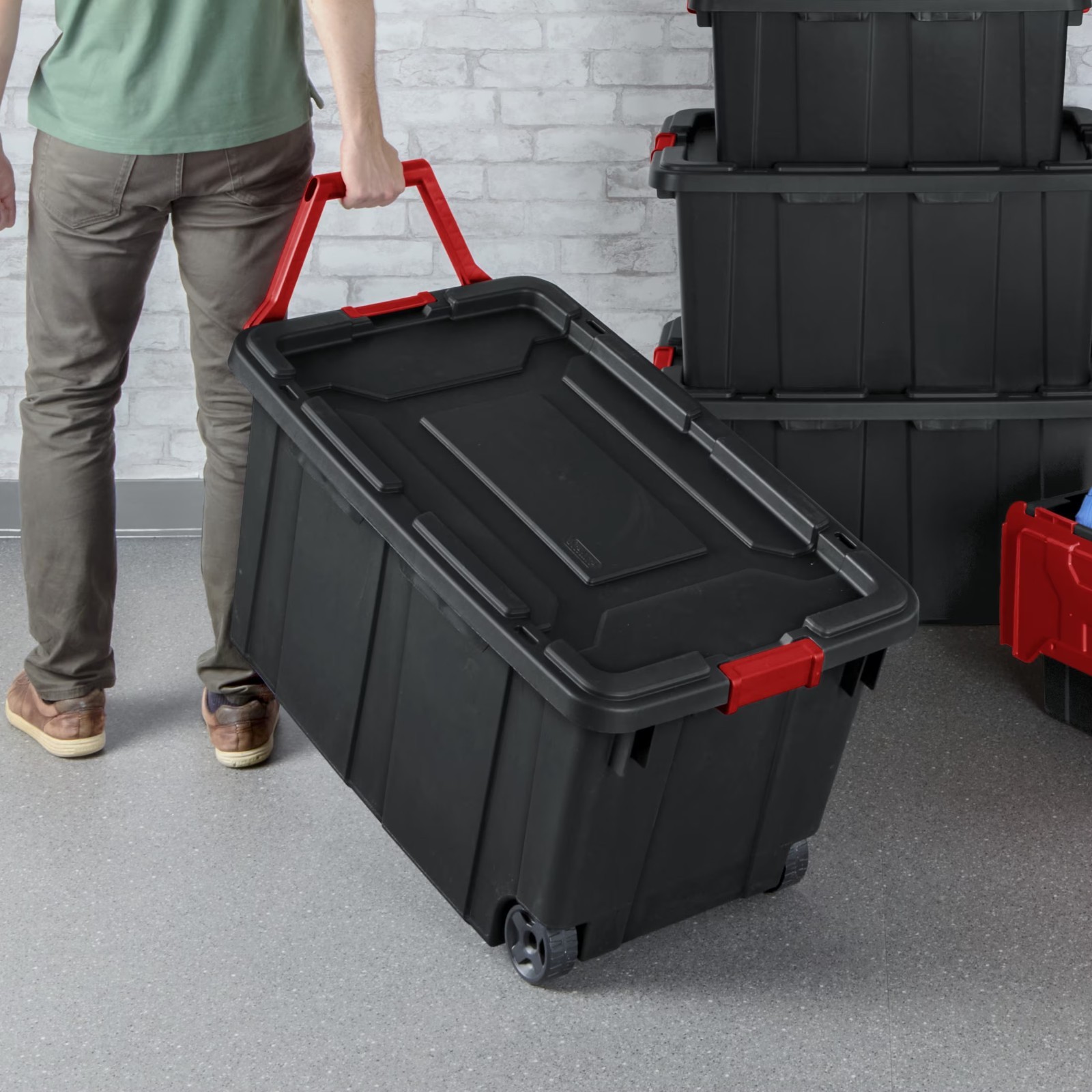 Sterilite 40 Gal Wheeled Industrial Storage Tote Bin Black Set of 4