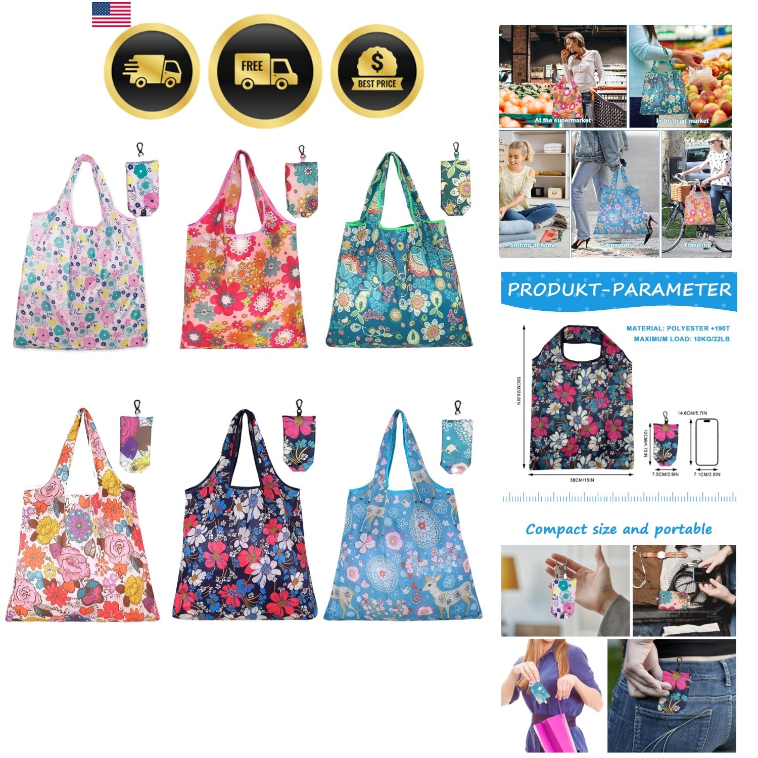 Reusable Shopping Bags Foldable Eco-Friendly Waterproof Tote 6 Pack