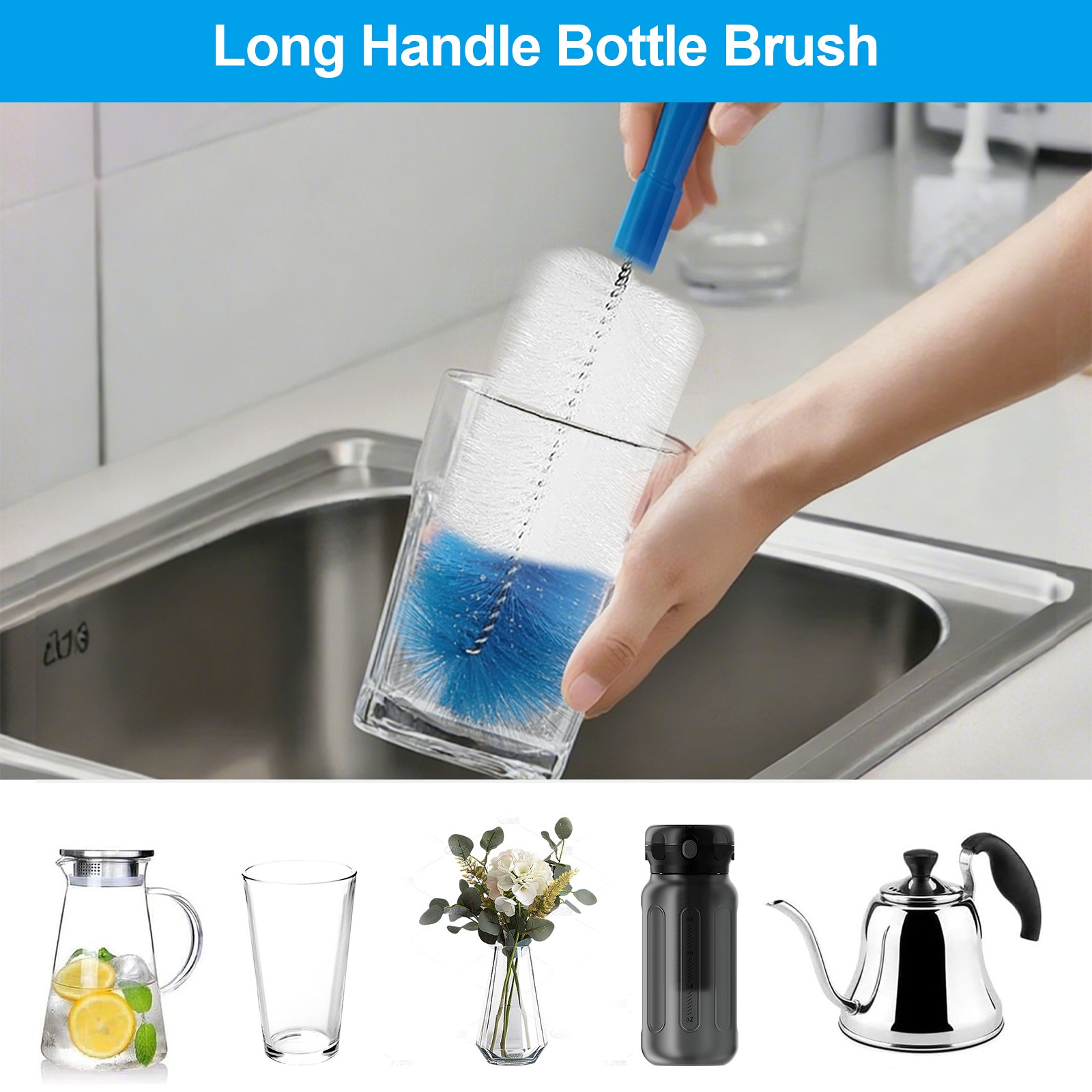 8PCS extended Handle Bottle Brush Set Plastic Cleaner Bottles Straws Cups Blu…