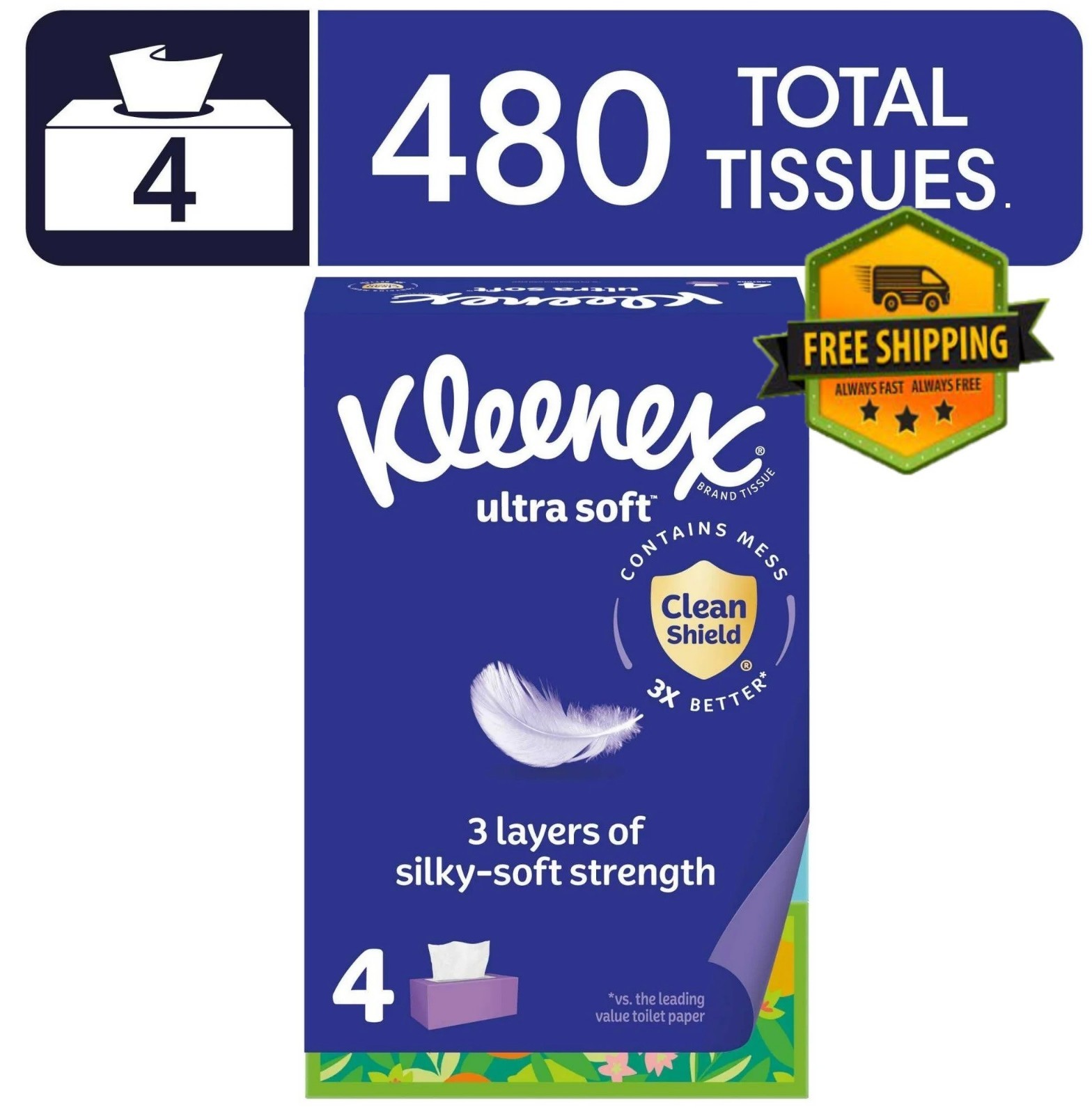 Kleenex Ultra Soft 3-Ply Facial Tissues, 4 Flat Boxes with 120 Tissues Each