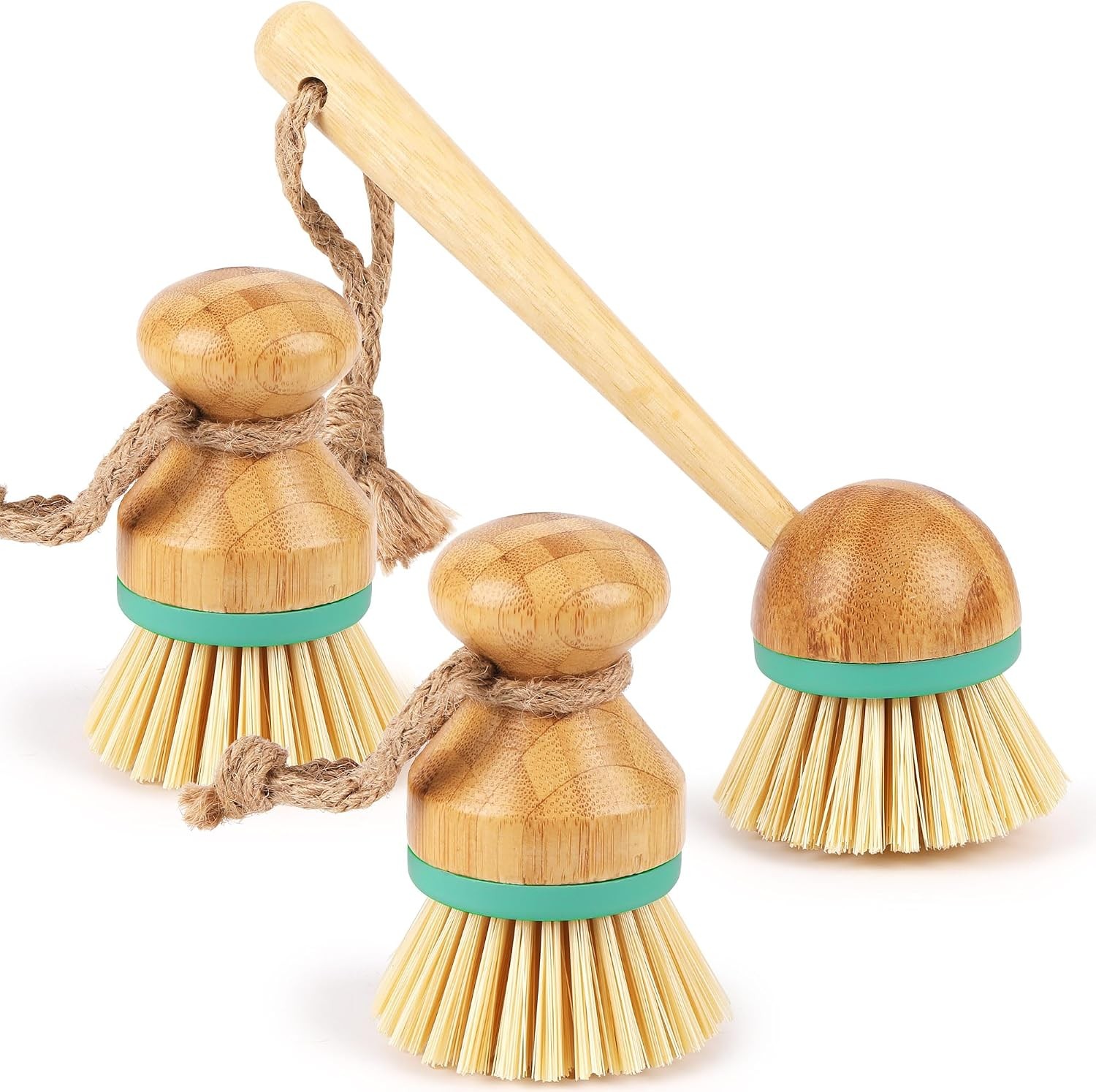 Set of 3 Bamboo Dish Scrub Brushes Wooden Handle Stiff Bristles Scrubbers for