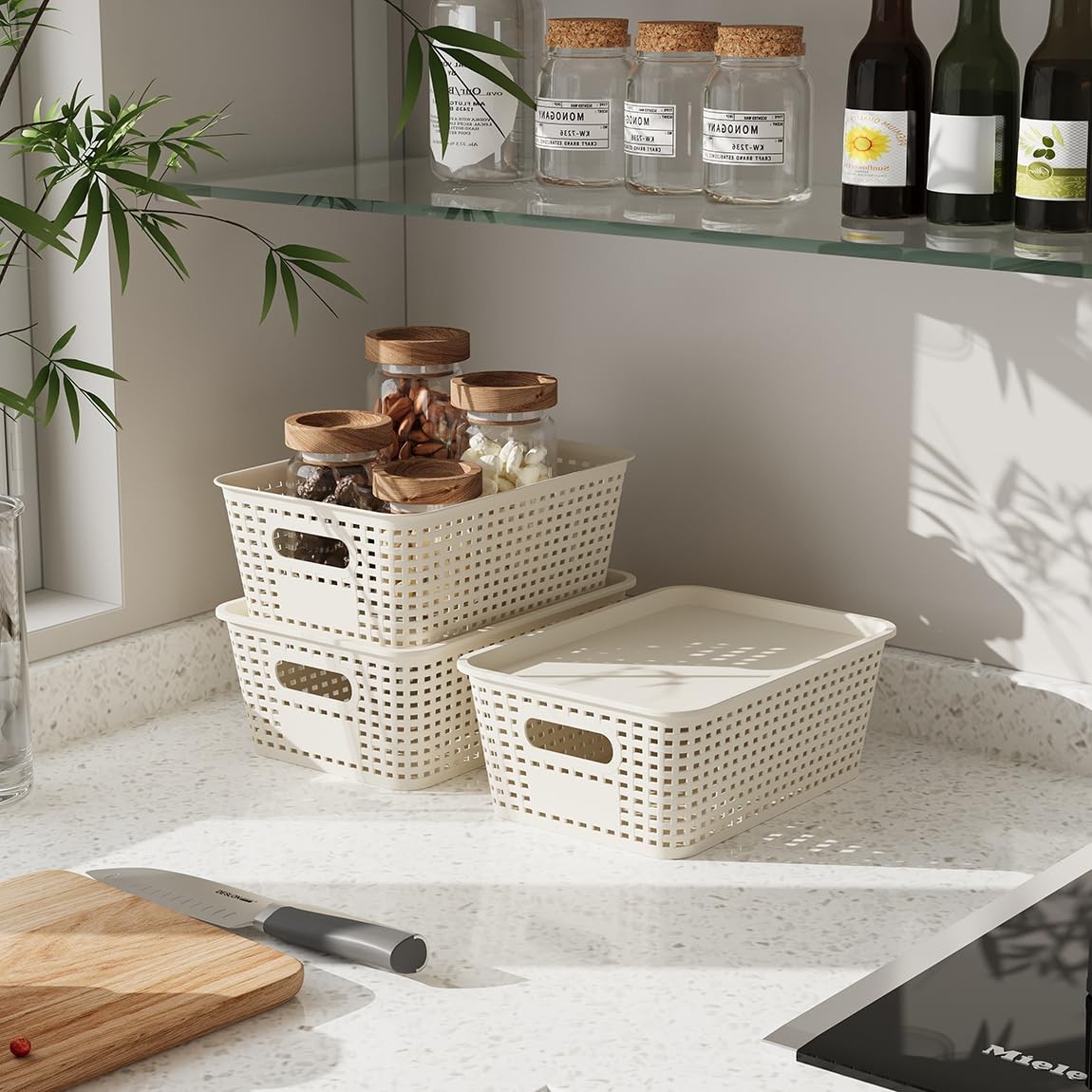6 Pack Plastic Storage Baskets with Lids Stackable Organizer Bins White