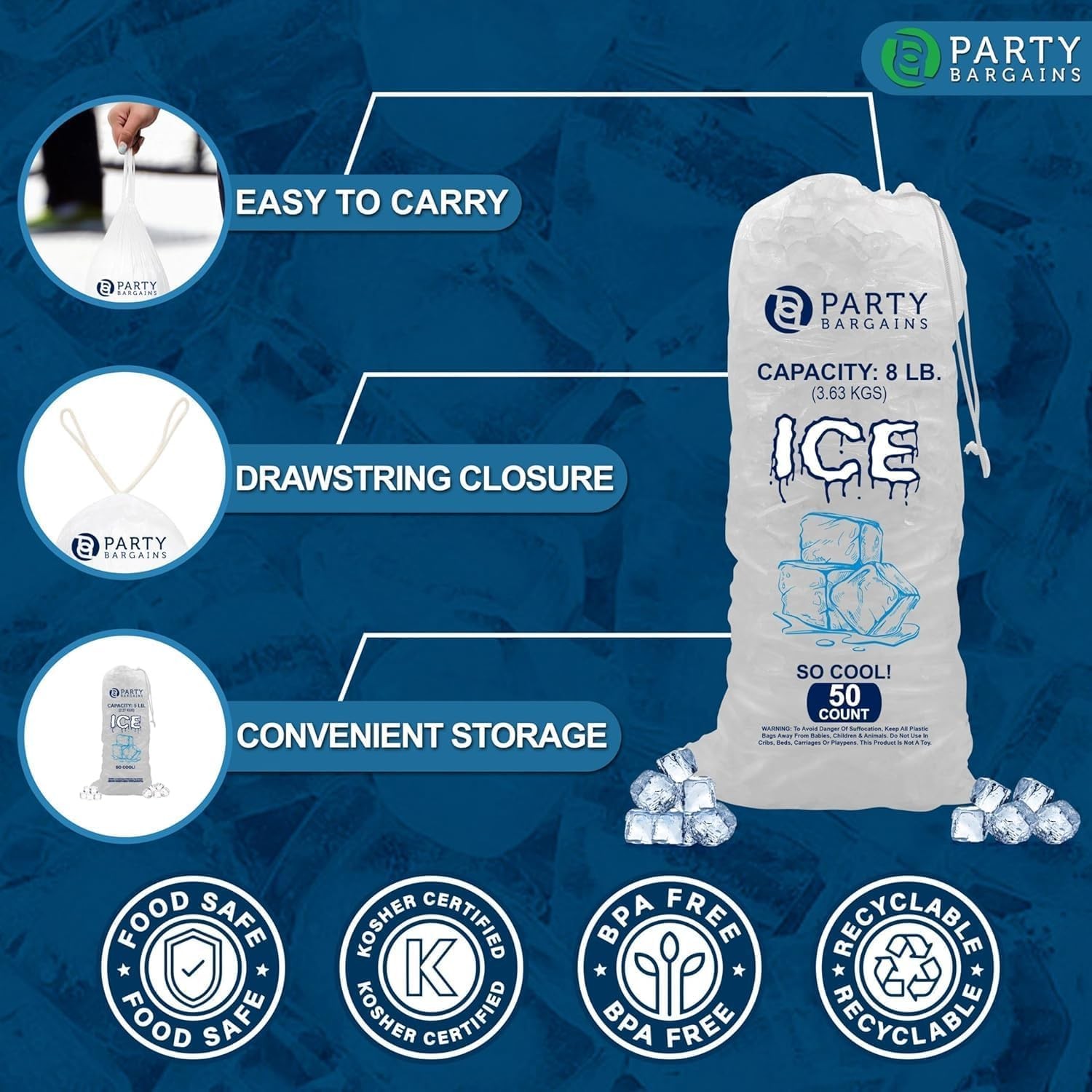 Party Bargains 8 lb Plastic Drawstring Ice Bags 50 Count 19″ x 08 LB, Clear