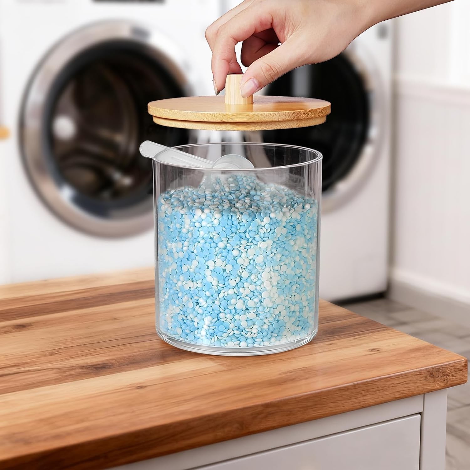 1 Pack 50oz Laundry Pods Container with Natural Bamboo Lid – Shatterproof