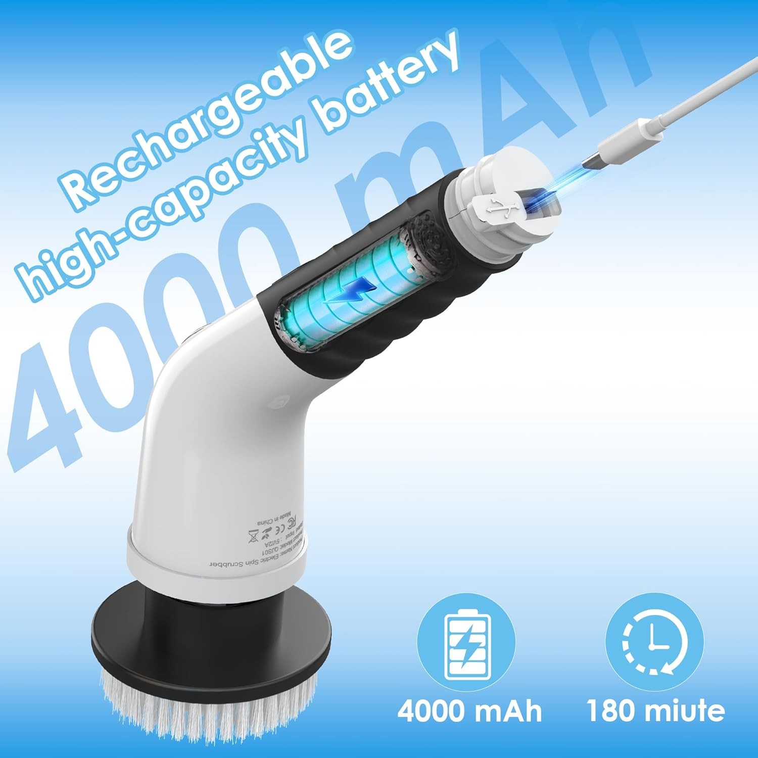 Electric Spin Scrubber, Cordless Cleaning Brush with 180 Min Runtime, 3-Speed, 7