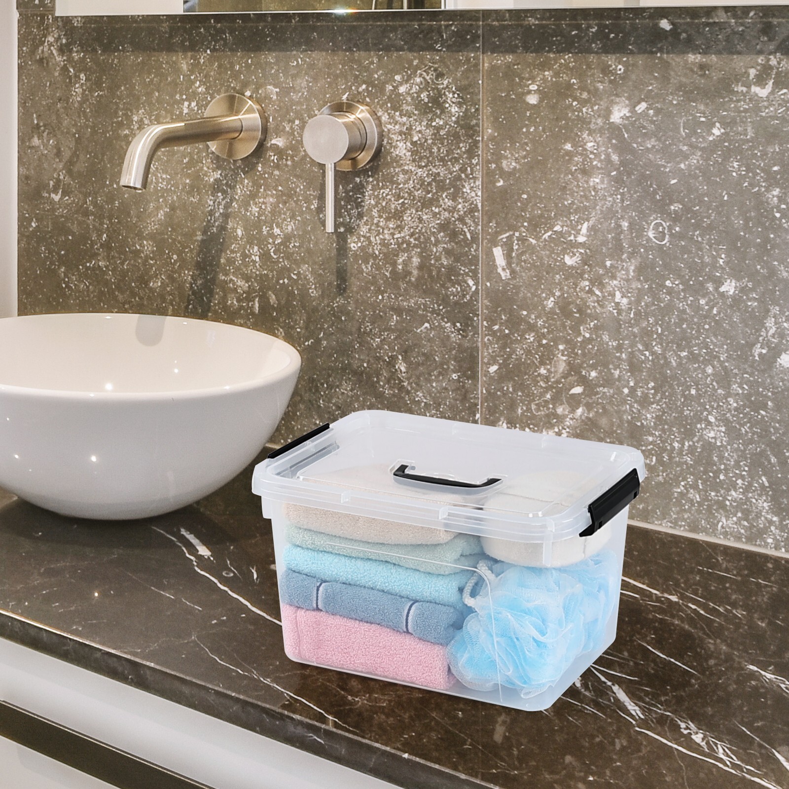Cand 4-Pack 10 L Plastic Latching Storage Bin, Clear Storage Box Bin with Handle
