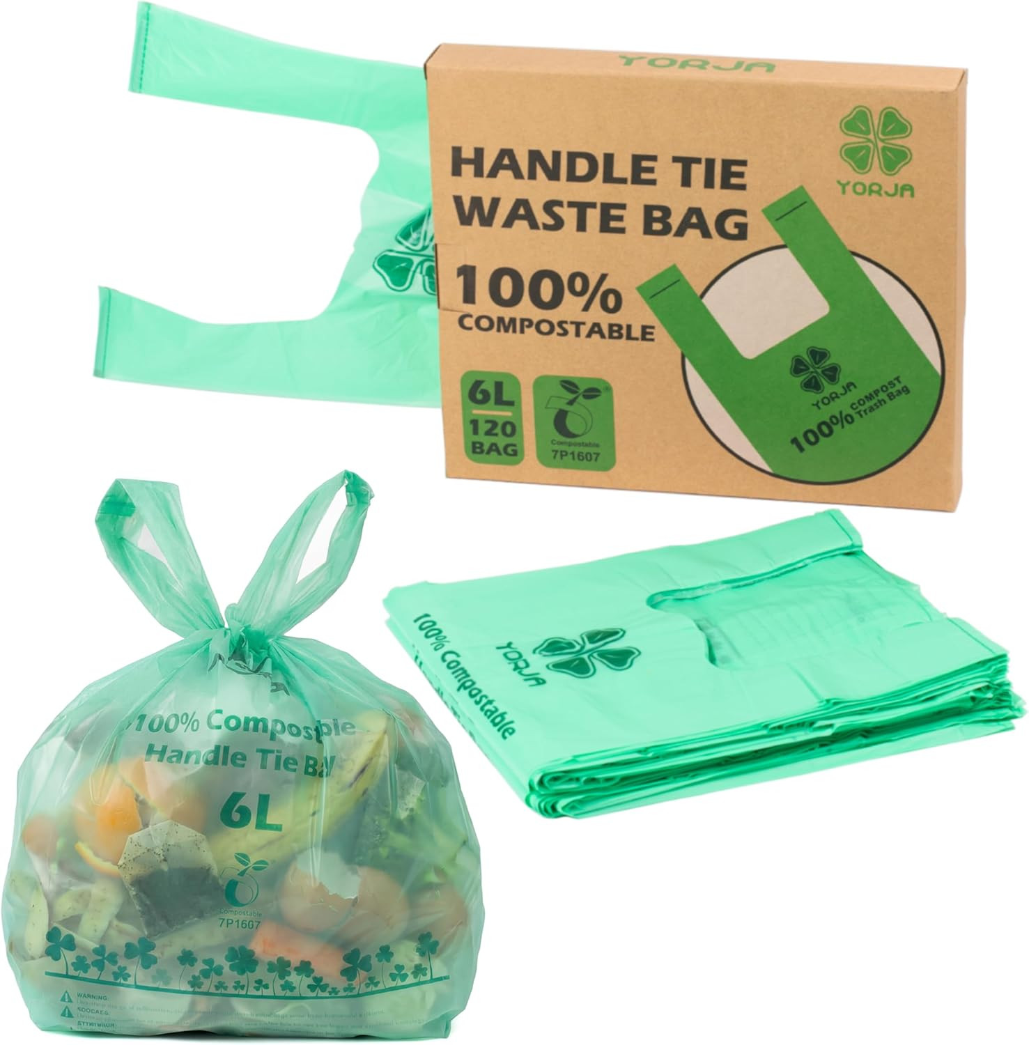 1.6 Gallon Tie Handles Compost Trash Bags 120 Food Scrap Bags, Compostable Kitch