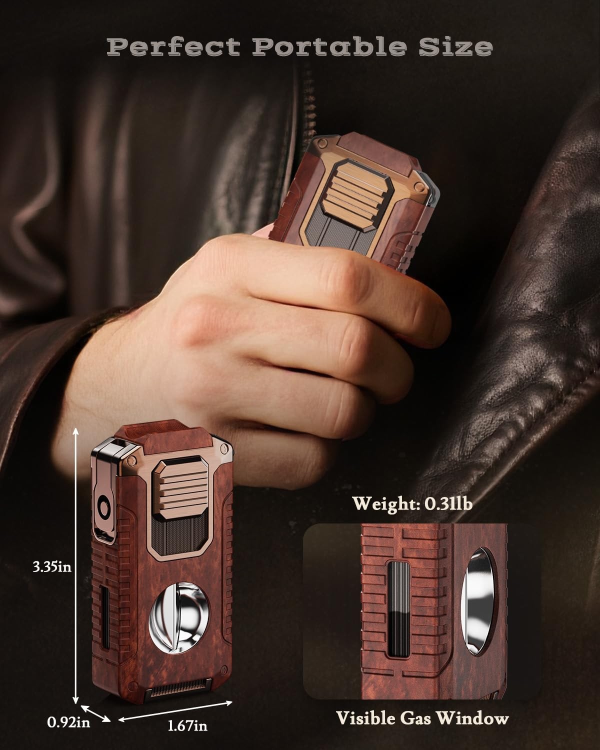5-in-1 Torch Lighter with Cutter, Punch, 3.35*1.67*0.92 inches, Redwood