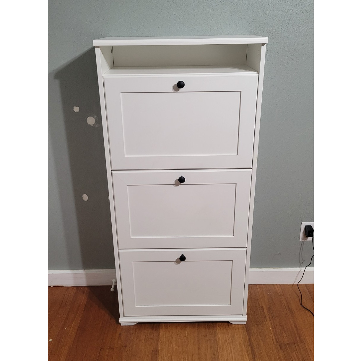 IKEA White Shoe Cabinet Wood 3 Flip Drawers 24×11.75×51.125in