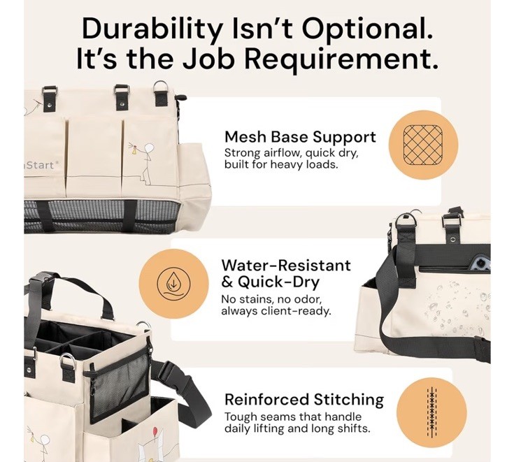 Multiuse Cleaning Caddy with Waist & Shoulder Strap,9 Pockets Beige Large Bag