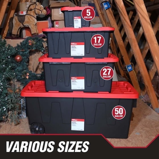 Hyper Tough 27 Gallon Storage Bin w/ Snap Lid, Black/Red Heavy Duty Containe 2Pk