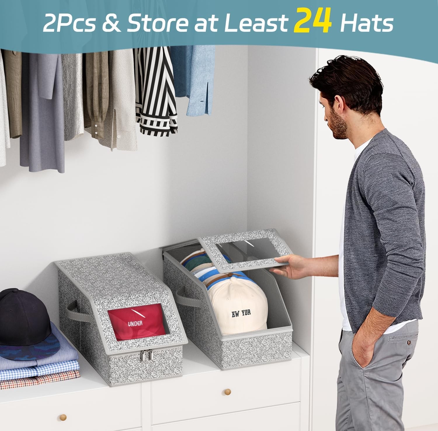 2PCS Stackable Hat Storage Organizer for Baseball Caps 24 Caps Hat Box with Lid
