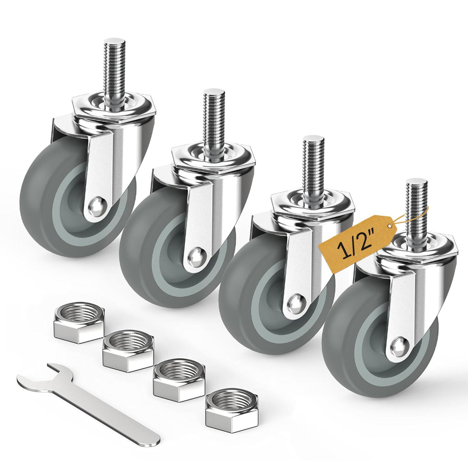 Caster Wheels 3 inch with No Brake Stem Casters, 1/2 -13 x 1-1/2 (Stem Diameter