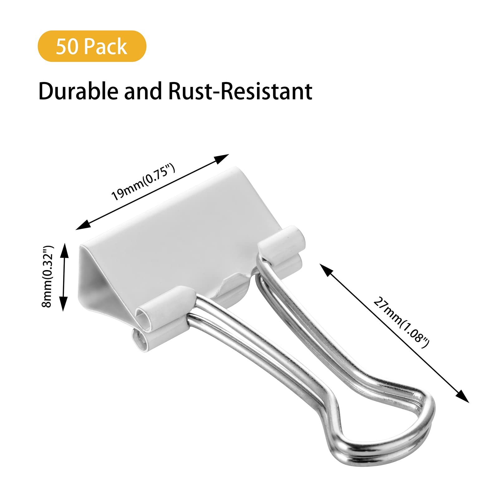 Small White Mini Binder Clips, 3/4 Inch (19mm), 50 Pack 0.75 inches,