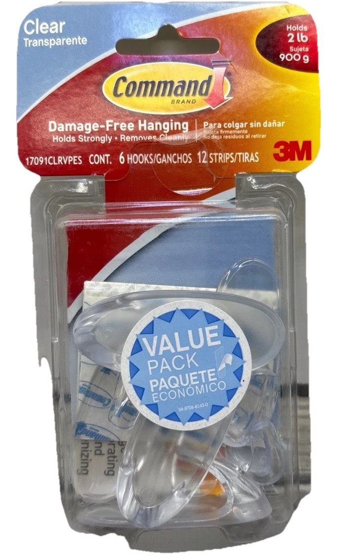 3M Command Clear Medium Hooks, Holds 2 lb, Pack Of 6 Hooks And 12 Strips {54}