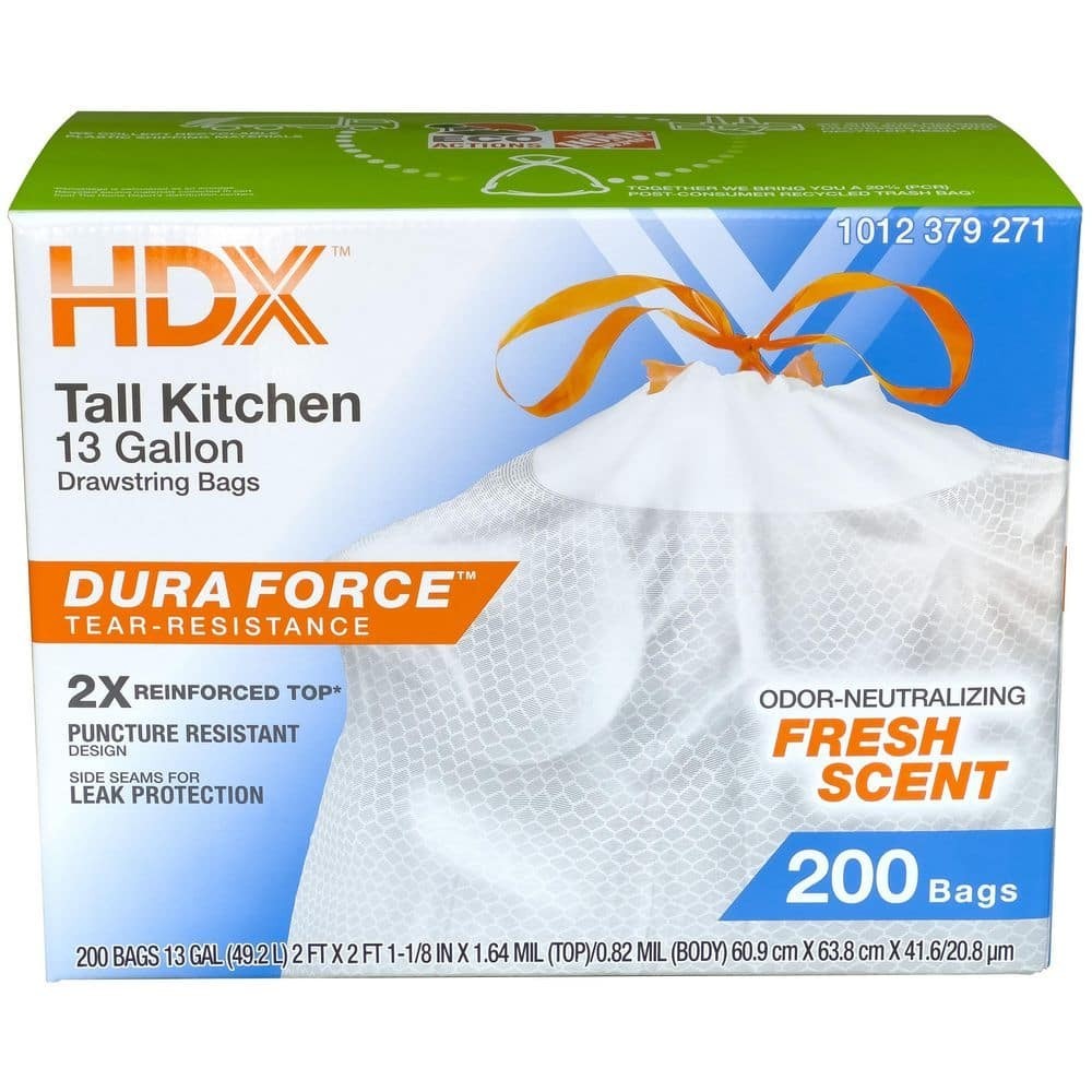 HDX 13 Gallon Reinforced Top Drawstring Fresh Scented Tall Kitchen Trash Bags wi