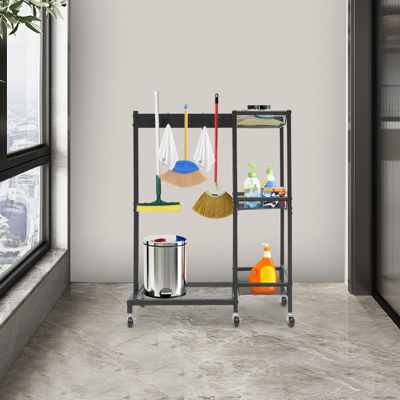 Mobile Cleaning Trolley Cart with Wheels 25.6×11.8×33.5 Inch for Home Office
