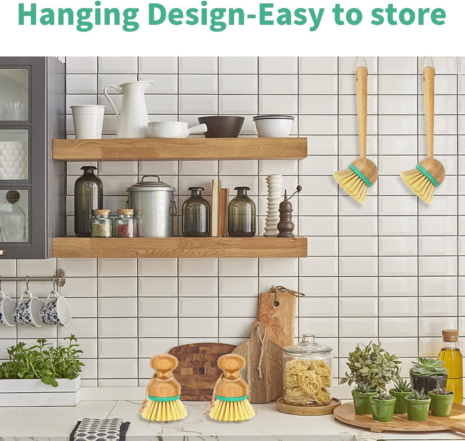 Set of 3 Bamboo Dish Scrub Brushes Wooden Handle Stiff Bristles Scrubbers for