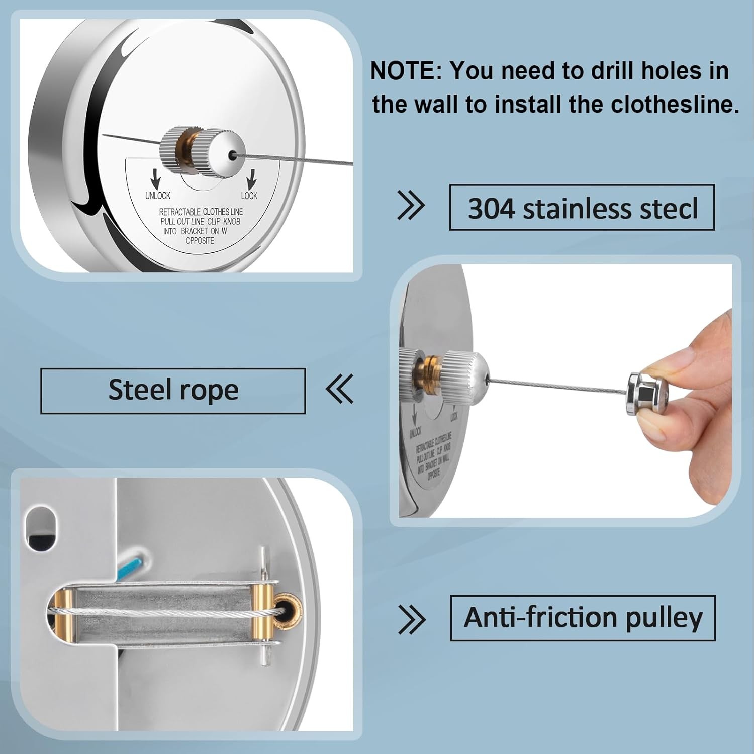 Retractable Clothesline 9Ft 304 Stainless Steel Heavy Duty Indoor Outdoor