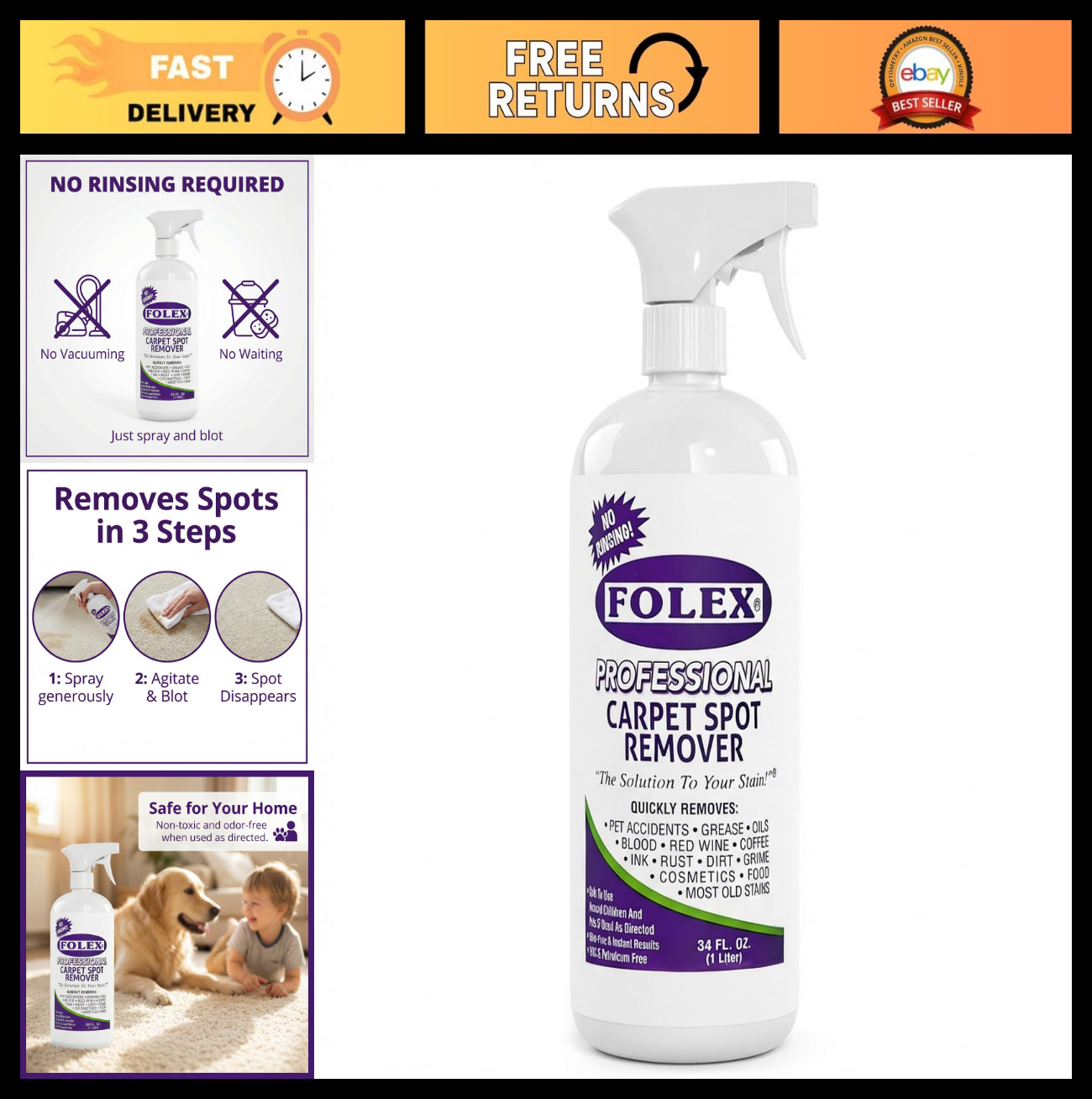 Professional Carpet Cleaner Spray 34 oz – Pet Stain Remover – Instant No Rinse –