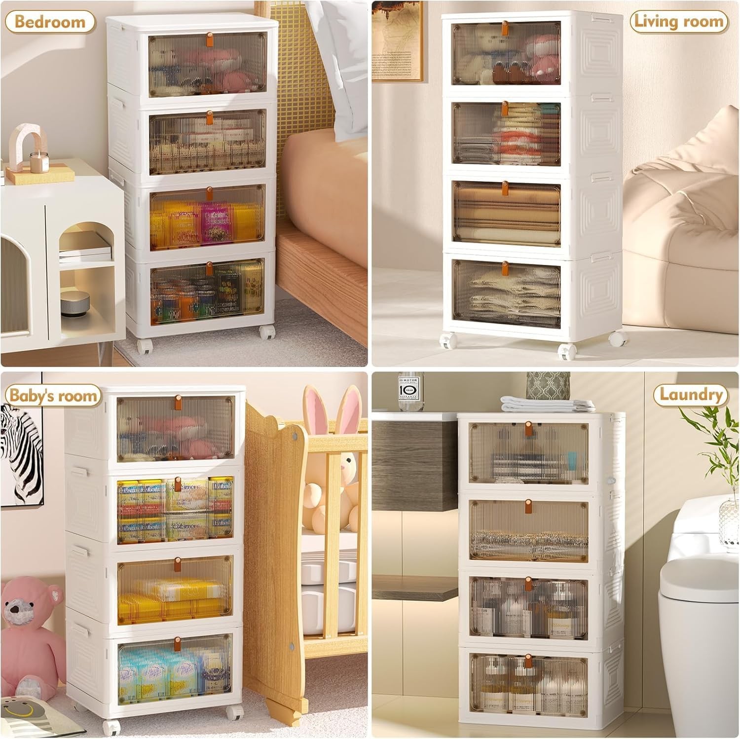YFXCVSL 4-Tier Stackable Storage Bins 23QT w/Lid Wheels Folding Boxes