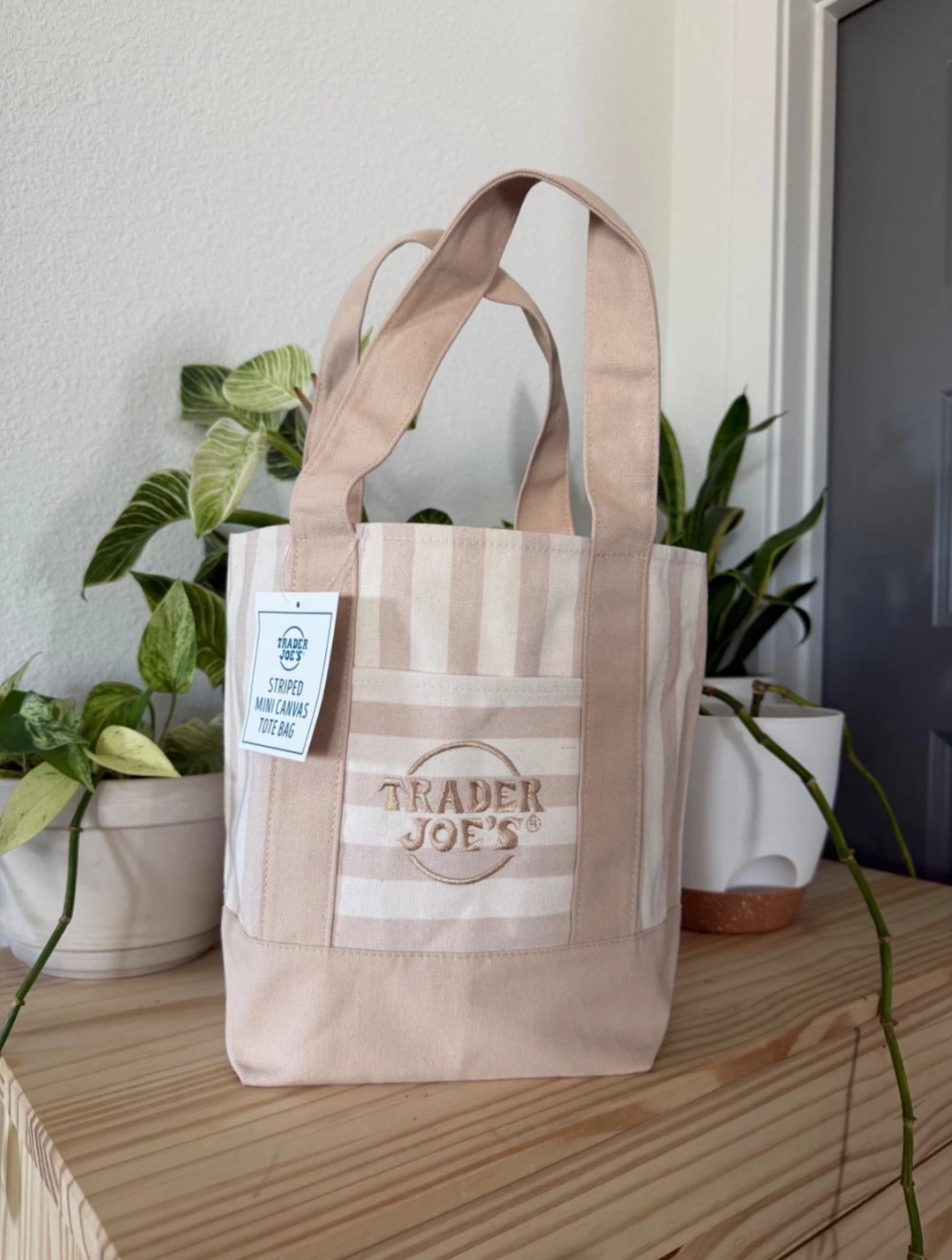Trader Joe’s Striped Mini Canvas Tote Bag, Beige/Tan/White, Cotton/Polyester