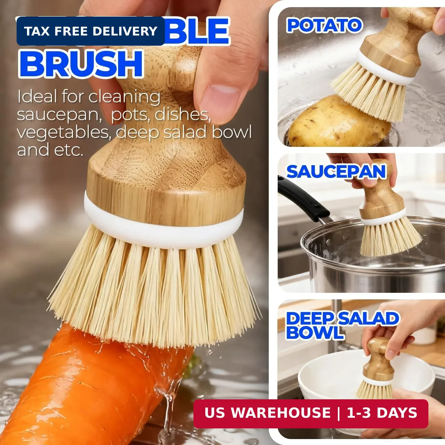 Holikme 6 Pack Dish Brush Scouring Pad Set with Bottle Brush, Dish Brush, Palm S