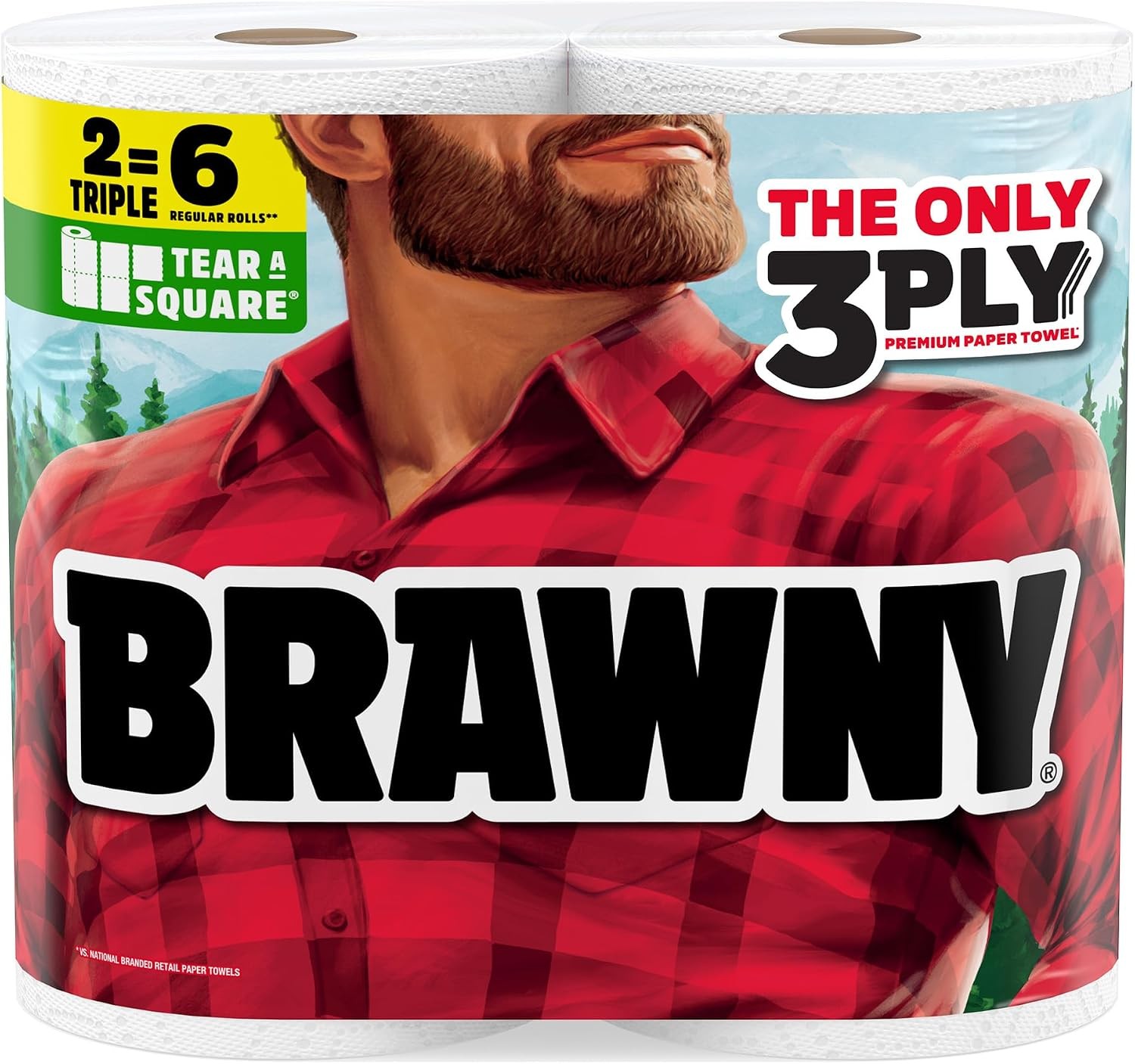 Brawny Strong Tear-A-Square 3-Ply Paper Towels 2 Triple Rolls = 6 Regular Rolls
