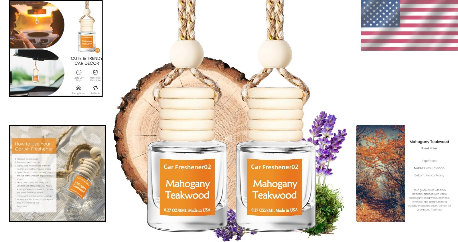Non-Toxic Hanging Car Fresheners, 2 Pack, Natural Scented Oils, Fresh Ambiance