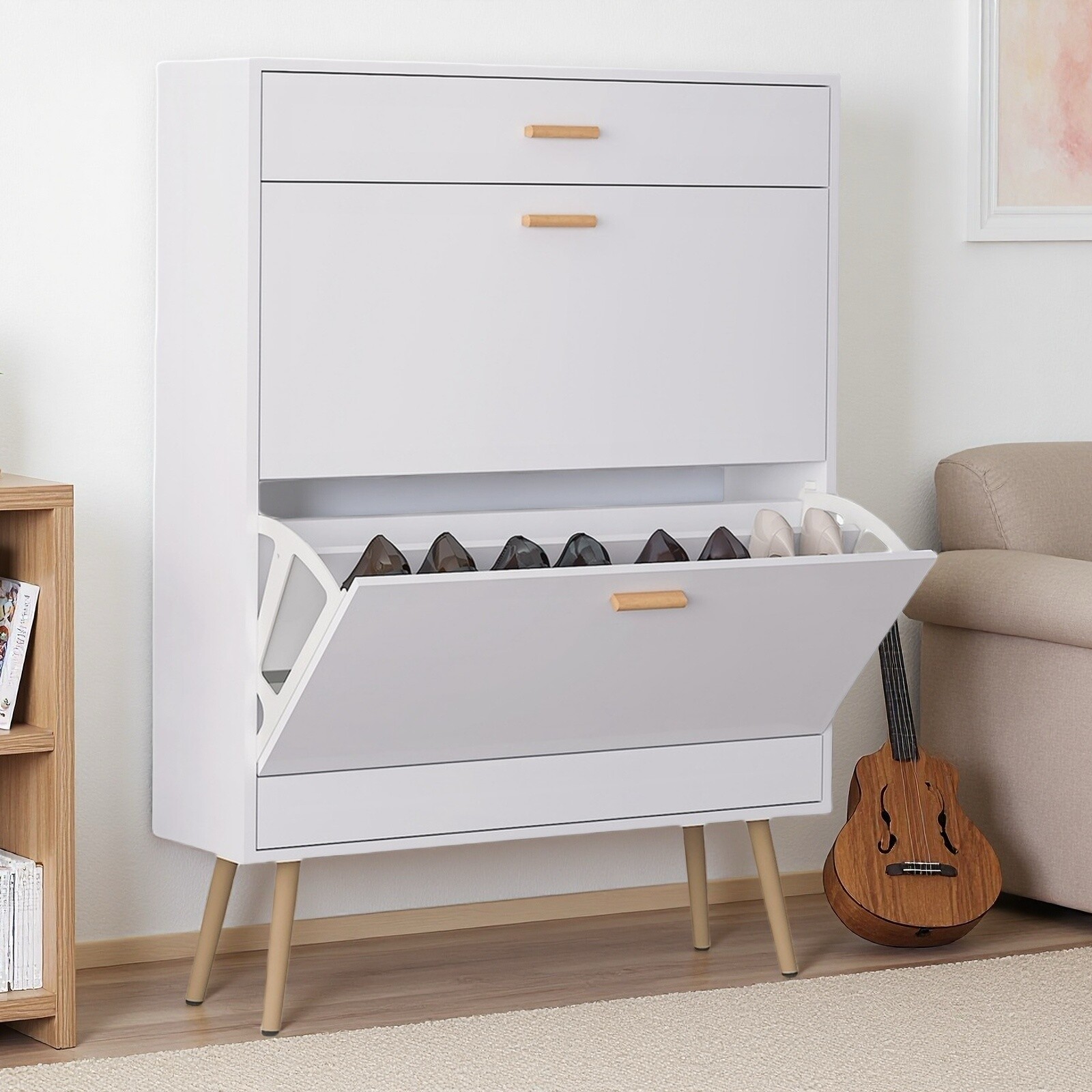 White 2 Flip Drawers Shoe Cabinet, Luxury Shoe Storage & Shoe Rack