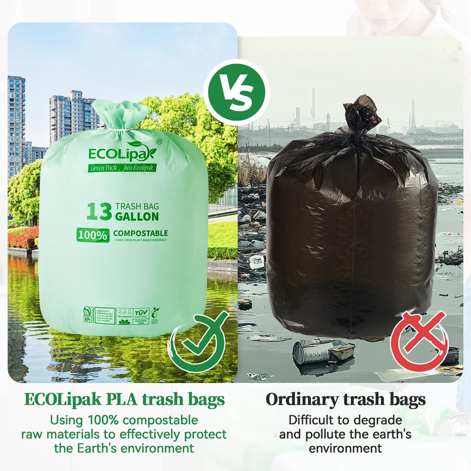 13 Gallon Compostable Trash Garbage Bags, 50 Count (1 Roll) Biodegradable Hea…