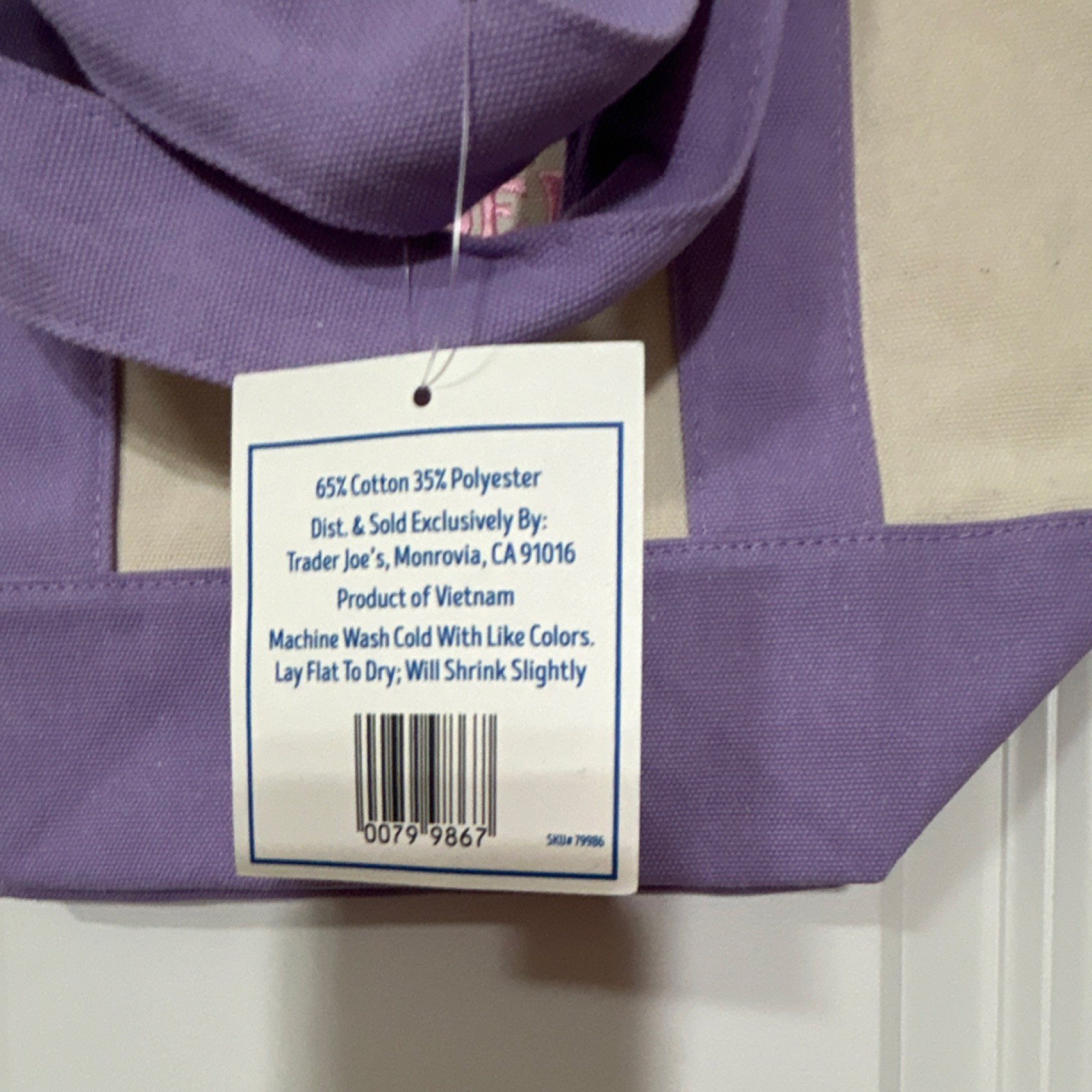 Trader Joe’s Foldable Color Block Tote Bag Purple Beige Cotton Polyester
