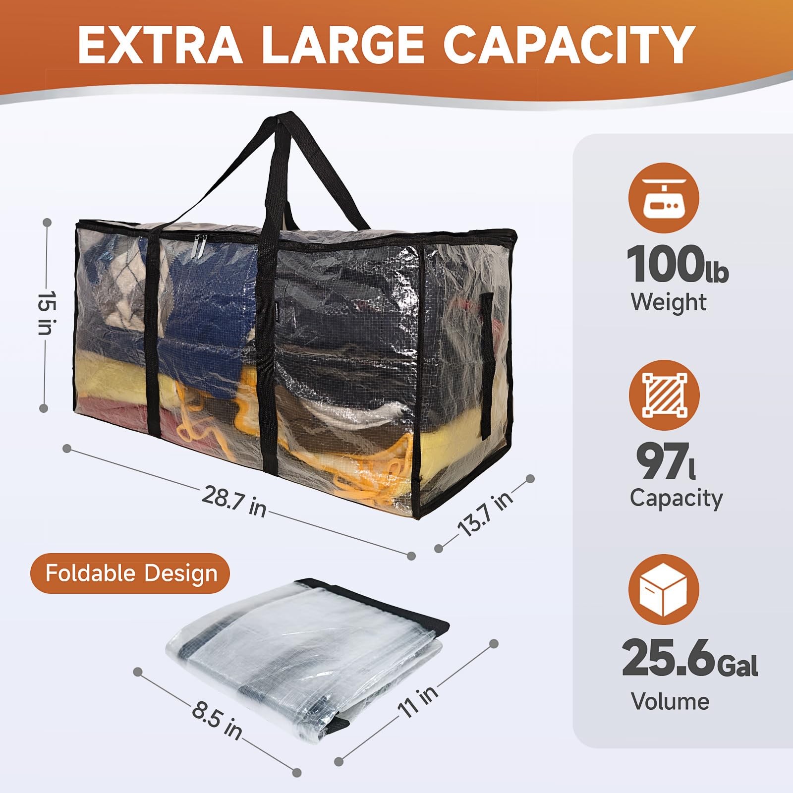 25.6 Gal Extra Large Moving Storage Bags Zippers Handles Heavy Duty 8 PCS