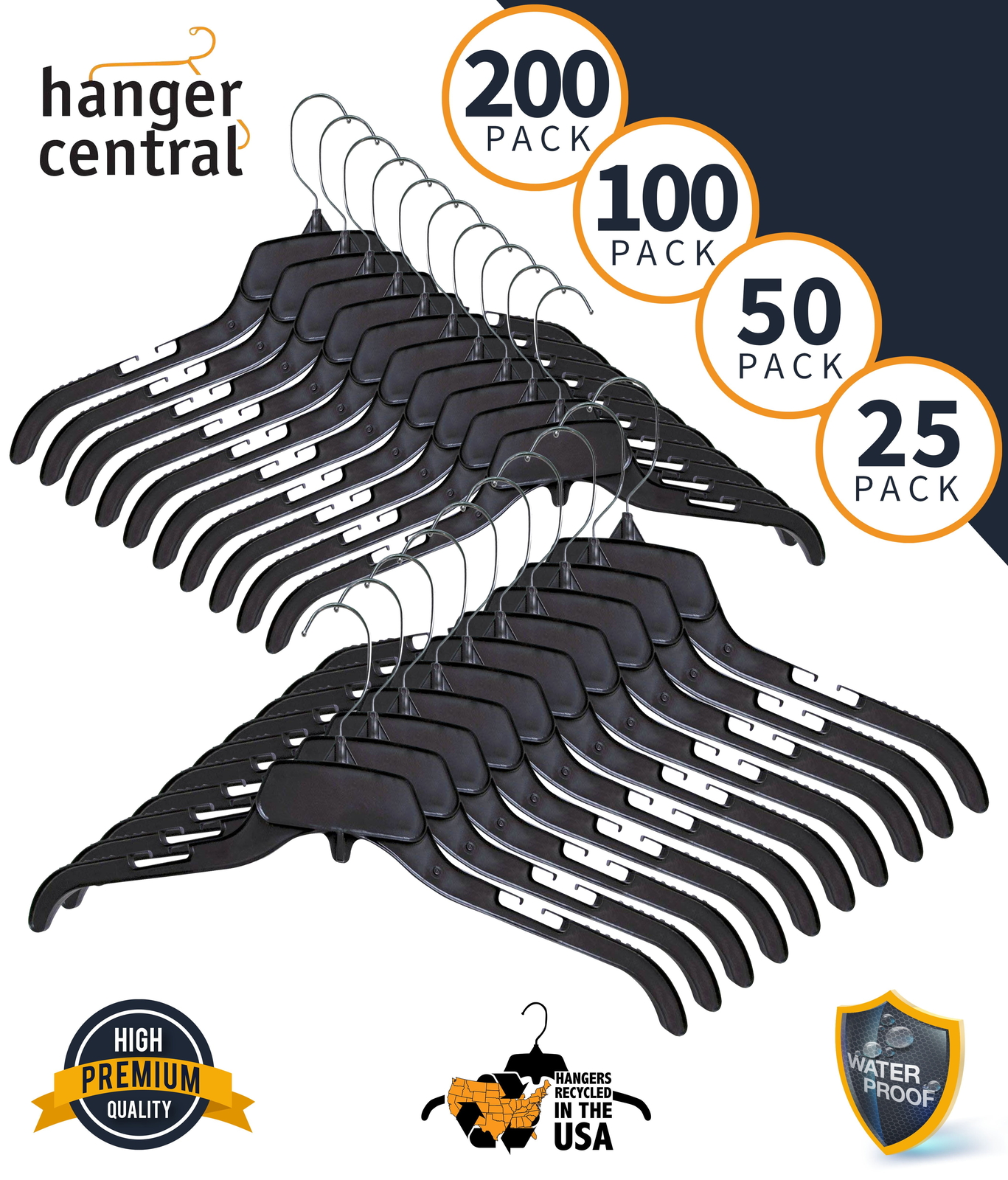 25 Pack Durable Plastic Clothing Hangers with Metal Swivel Hooks, 17 inch,Black
