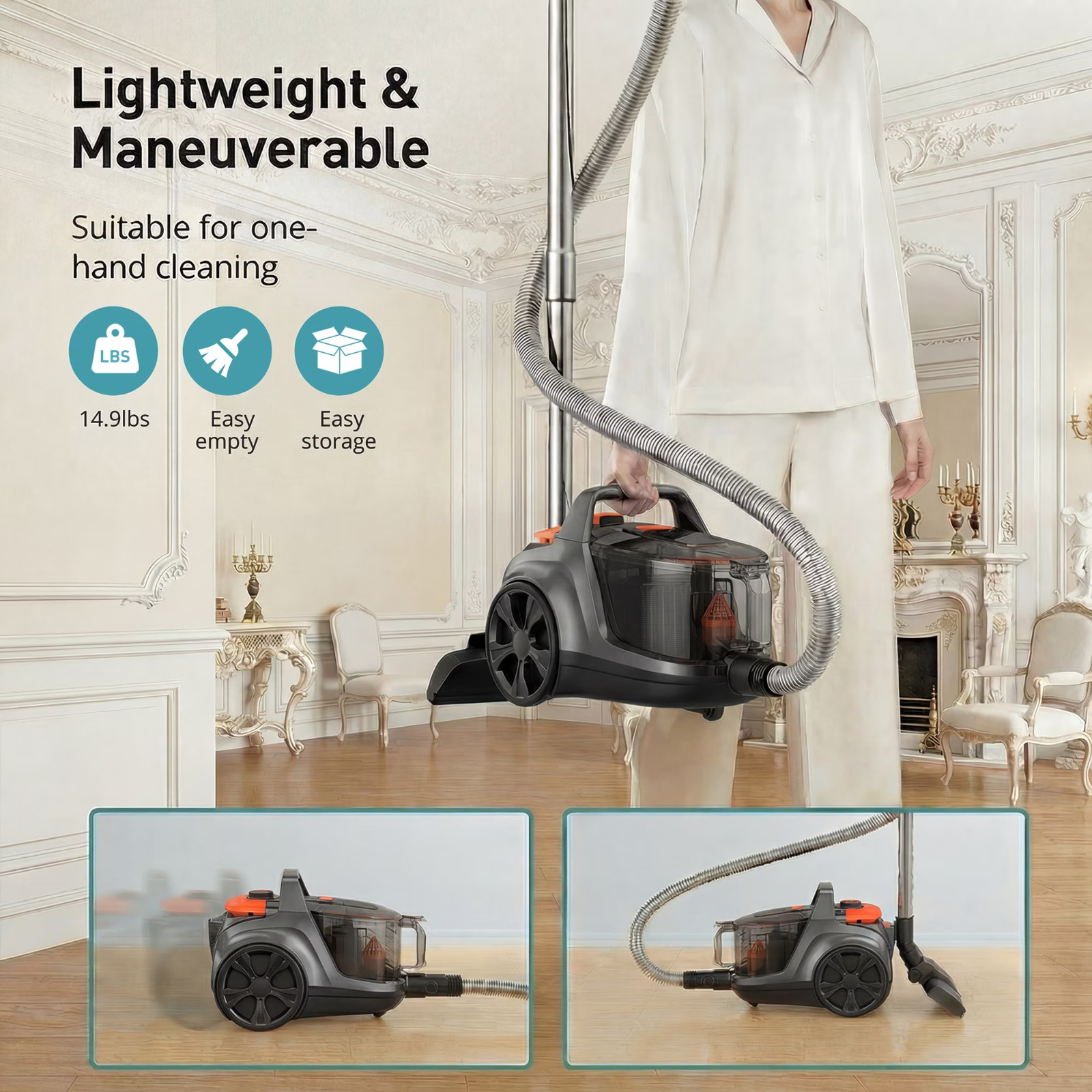 Canister Vacuum Cleaner, Aspiron Lightweight Bagless Vacuum Cleaner, 3.7QT H10