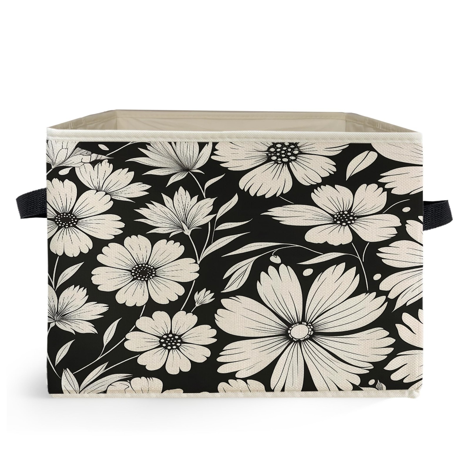 Black and White Floral Storage Bins, Vintage Botanical Daisy Flower Collapsib…