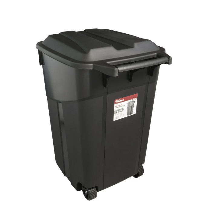 45 Gallon Wheeled Heavy Duty Plastic Garbage Can, Attached Secure Lid, Black