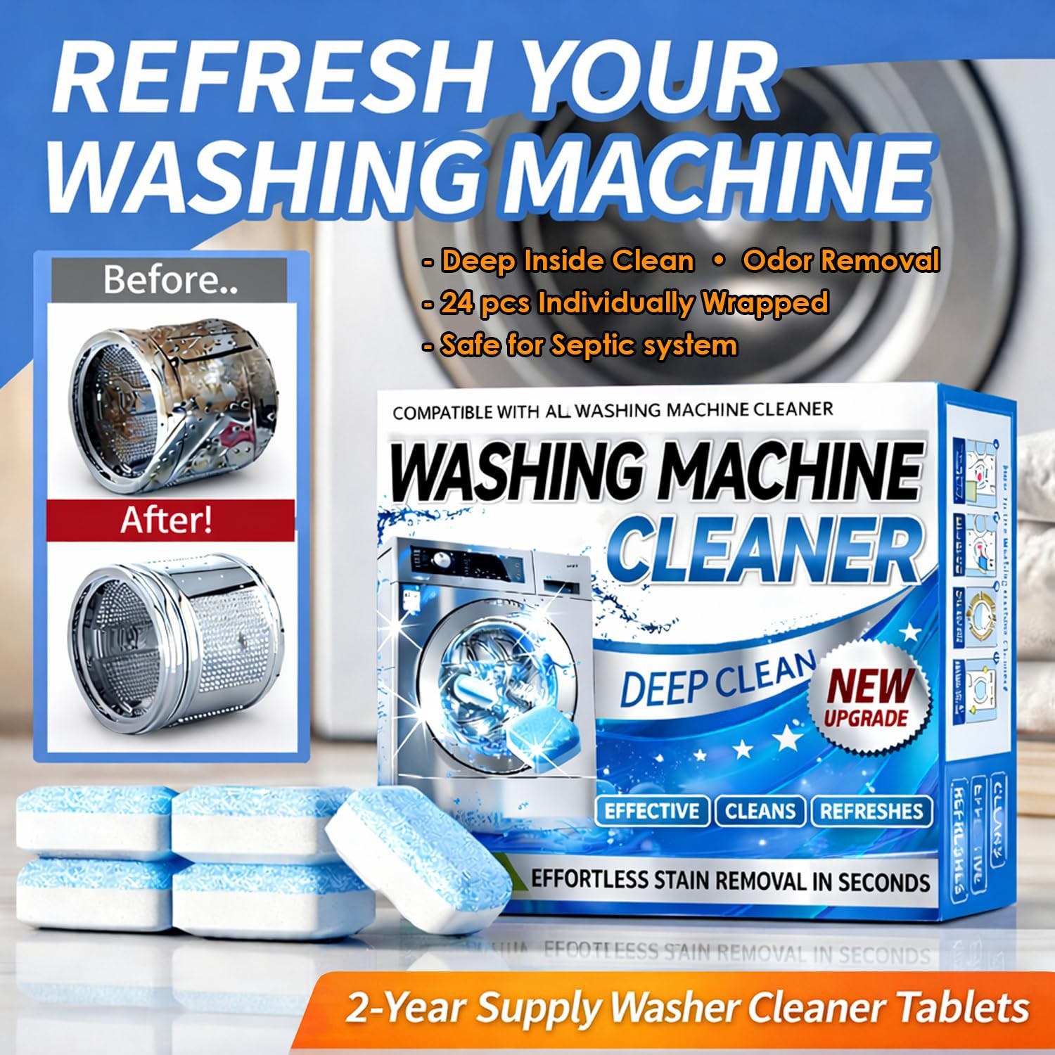 Washing Machine Cleaner Tablets 24 Pack Enzyme Deep Clean Front Load Washer