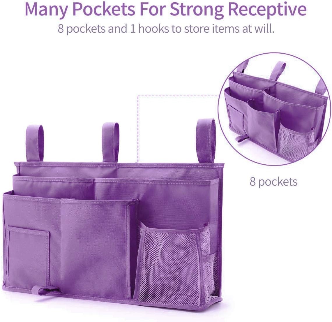 Adjustable Bedside Storage Caddy – 8 Pockets, Waterproof Oxford Cloth – Purple