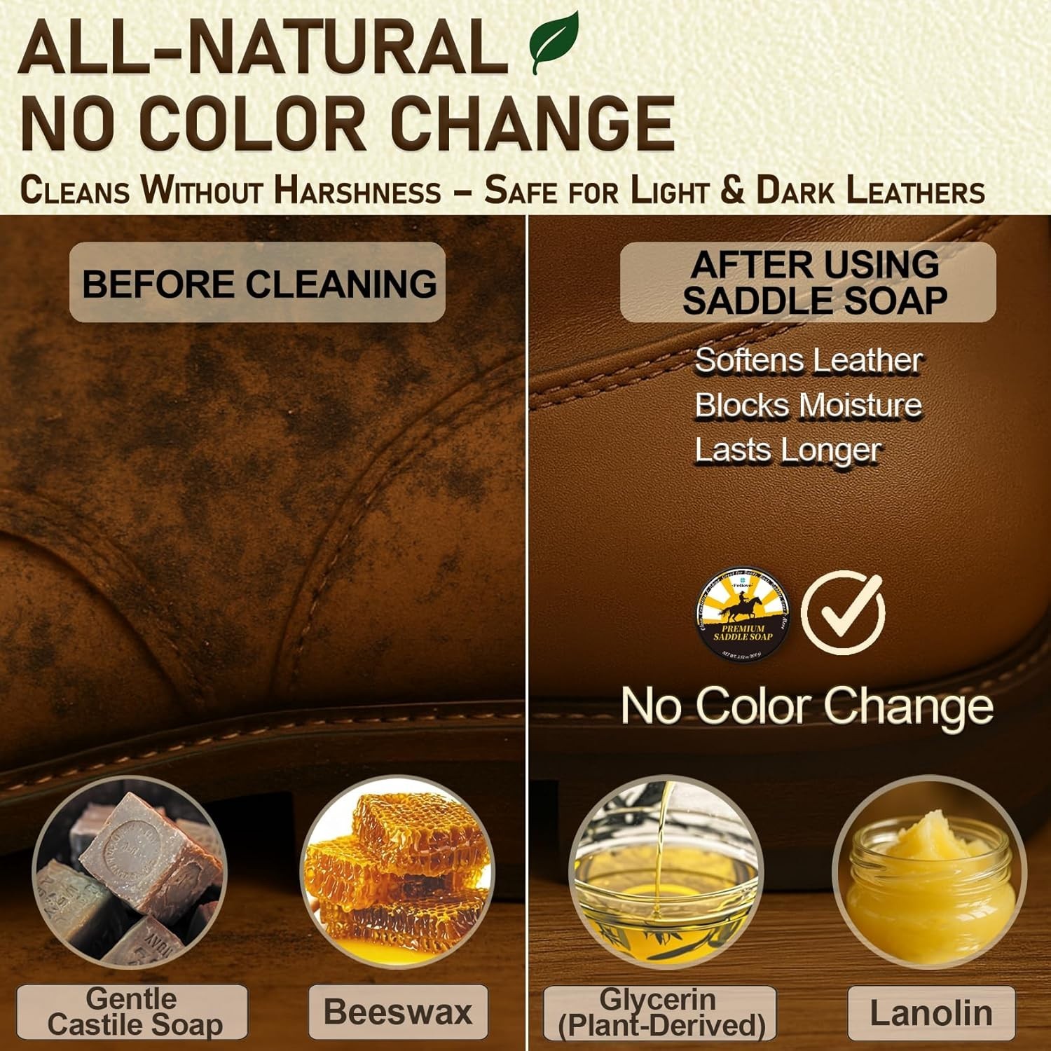 Essential Leather Care 3-in-1 Kit with Saddle Soap, Brush & Cloth – 3.52oz