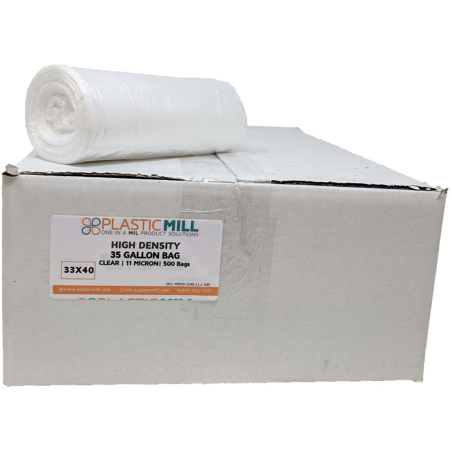 35 Gallon Garbage Bags, High Density: Clear, 11 Micron, 33×40, 500 Bags.