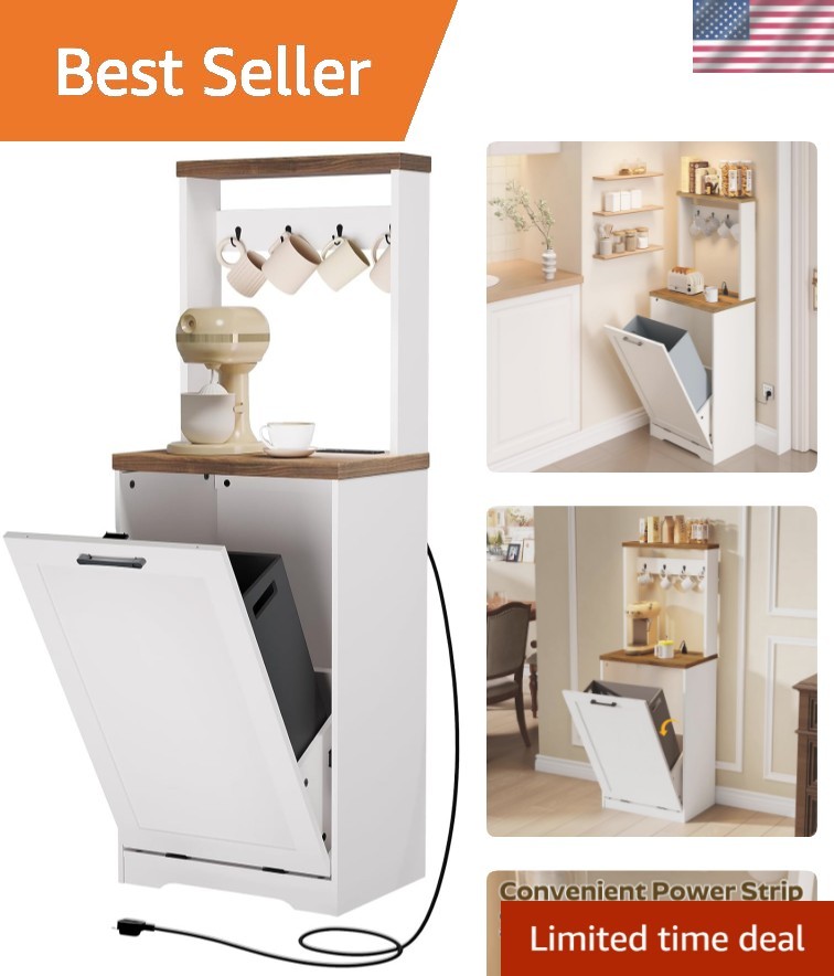 Tilt Out Trash Can Cabinet with Charging Station, Kitchen Trash Bin Cabinet w…